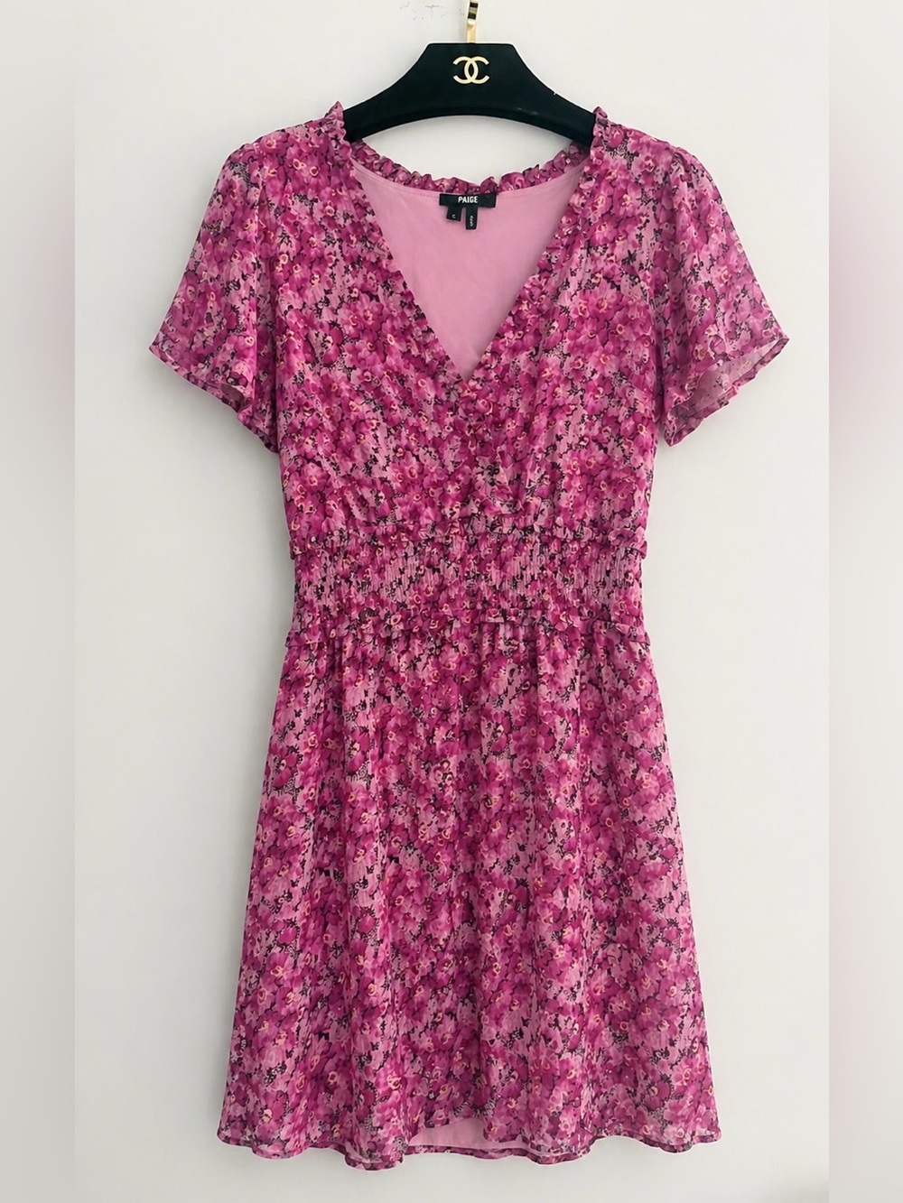 PAIGE Pink Floral Dress with V-Neck (S)